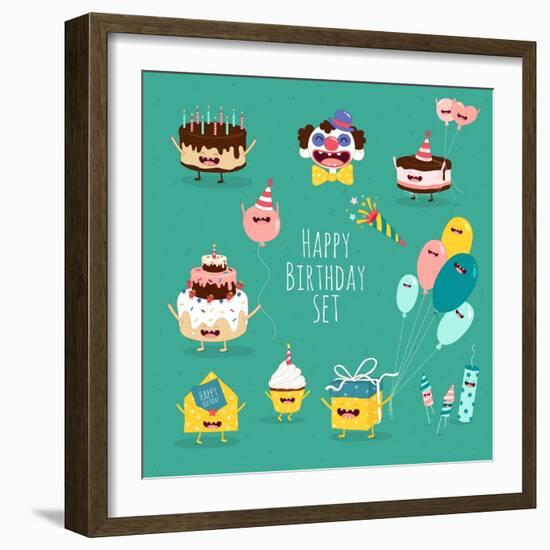 Funny Birthday Set. Birthday Cake, Invitation, Clown, Balloons, Gifts, Candles. Vector Illustration-Serbinka-Framed Art Print