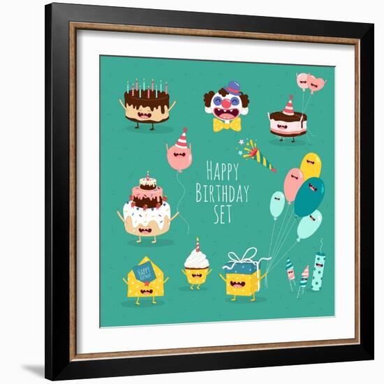 Funny Birthday Set. Birthday Cake, Invitation, Clown, Balloons, Gifts, Candles. Vector Illustration-Serbinka-Framed Art Print