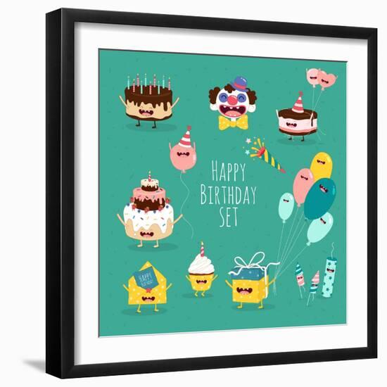 Funny Birthday Set. Birthday Cake, Invitation, Clown, Balloons, Gifts, Candles. Vector Illustration-Serbinka-Framed Art Print