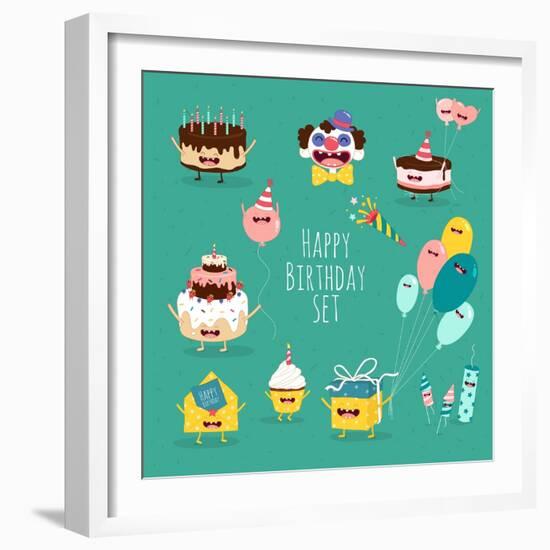 Funny Birthday Set. Birthday Cake, Invitation, Clown, Balloons, Gifts, Candles. Vector Illustration-Serbinka-Framed Art Print