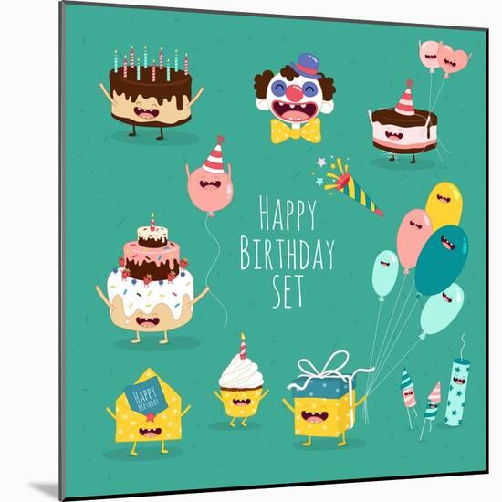 Funny Birthday Set. Birthday Cake, Invitation, Clown, Balloons, Gifts, Candles. Vector Illustration-Serbinka-Mounted Art Print