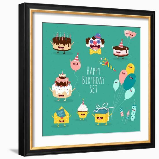 Funny Birthday Set. Birthday Cake, Invitation, Clown, Balloons, Gifts, Candles. Vector Illustration-Serbinka-Framed Art Print