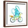 Funny Blue Bunny with Bicycle and Carrot in Trunk. Cute Rabbit Bicyclist. Isolated Cartoon Characte-Popmarleo-Framed Art Print