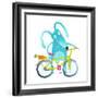 Funny Blue Bunny with Bicycle and Carrot in Trunk. Cute Rabbit Bicyclist. Isolated Cartoon Characte-Popmarleo-Framed Art Print