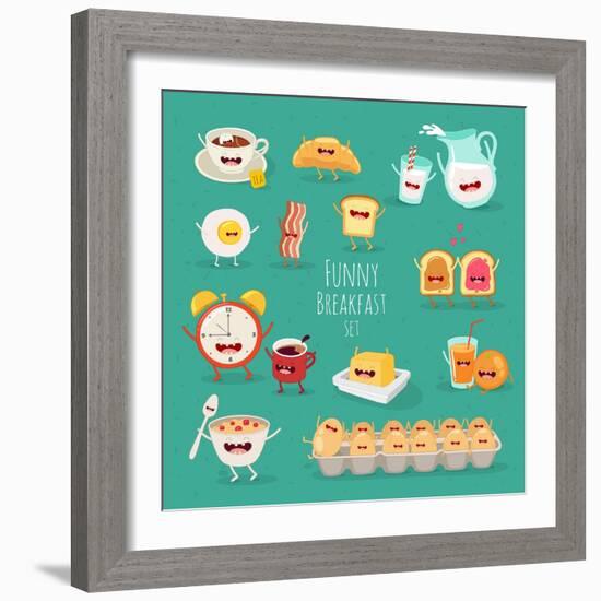 Funny Breakfast Set. Comic Characters. Vector Illustrations.-Serbinka-Framed Art Print