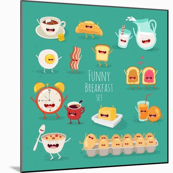 Funny Breakfast Set. Comic Characters. Vector Illustrations.-Serbinka-Mounted Art Print