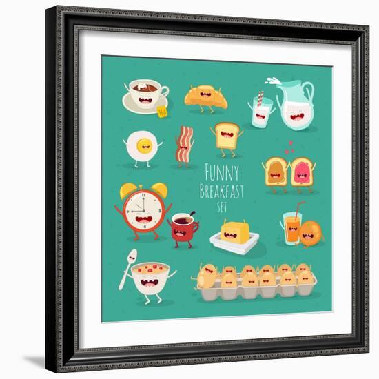 Funny Breakfast Set. Comic Characters. Vector Illustrations.-Serbinka-Framed Art Print