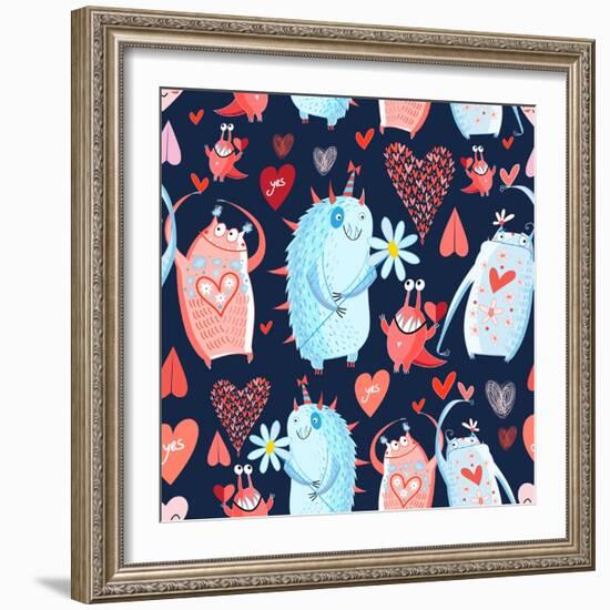 Funny Bright Seamless Vector Pattern with Lovers Monsters-Tanor-Framed Art Print