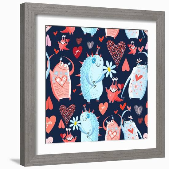Funny Bright Seamless Vector Pattern with Lovers Monsters-Tanor-Framed Art Print