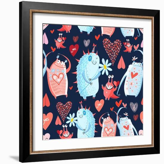 Funny Bright Seamless Vector Pattern with Lovers Monsters-Tanor-Framed Art Print