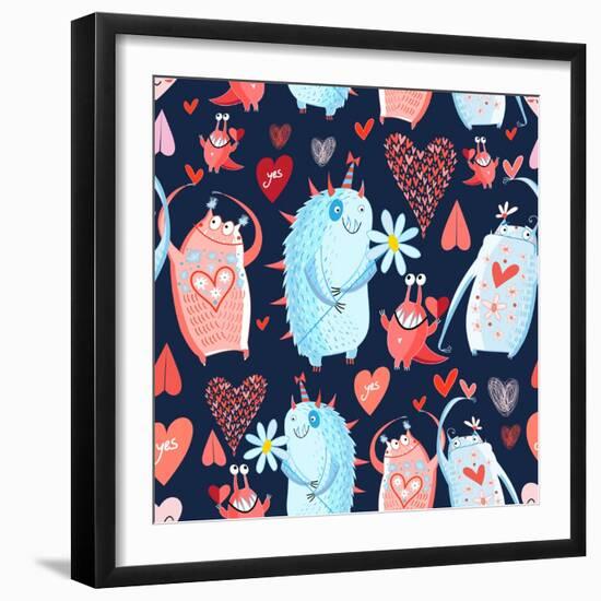 Funny Bright Seamless Vector Pattern with Lovers Monsters-Tanor-Framed Art Print