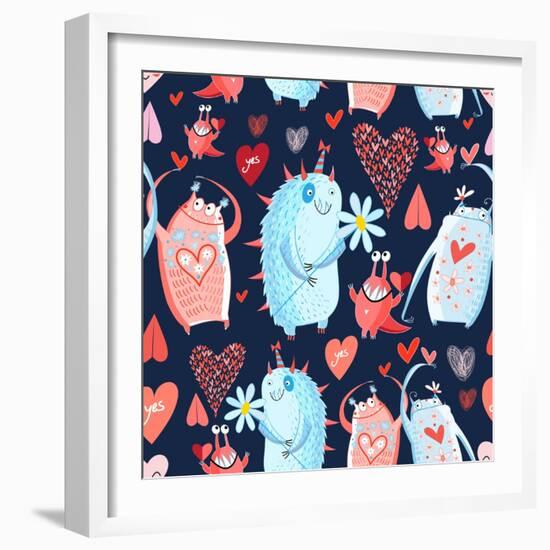 Funny Bright Seamless Vector Pattern with Lovers Monsters-Tanor-Framed Art Print