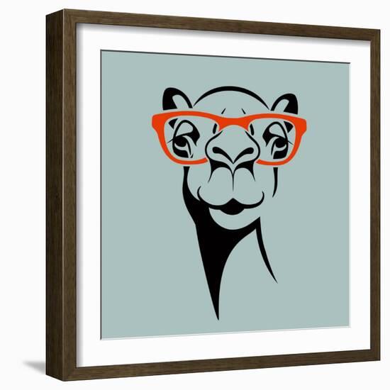 Funny Camel Wearing Glasses. Vector Illustration for T Shirt, Poster, Print Design.-TeddyandMia-Framed Art Print