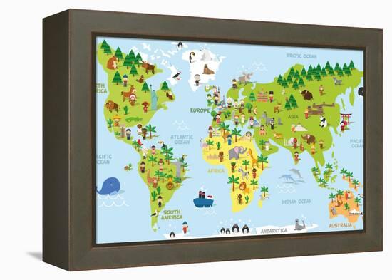 Funny Cartoon World Map with Children of Different Nationalities, Animals and Monuments of All the-asantosg-Framed Stretched Canvas