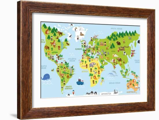 Funny Cartoon World Map with Children of Different Nationalities, Animals and Monuments of All the-asantosg-Framed Art Print