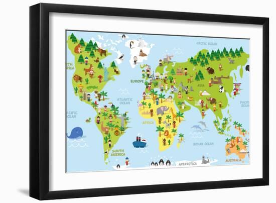 Funny Cartoon World Map with Children of Different Nationalities, Animals and Monuments of All the-asantosg-Framed Art Print