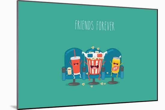 Funny Characters Cola, Ticket, Popcorn and Beer in the Cinema-Serbinka-Mounted Art Print