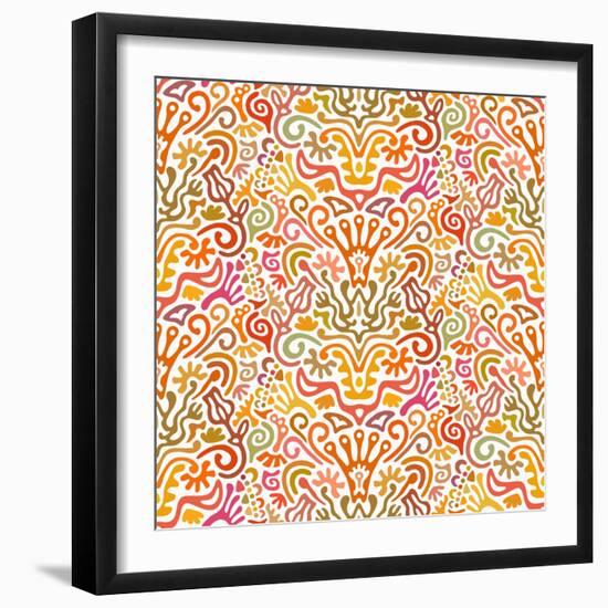 Funny Colorful Seamless Pattern with Abstract Flowers, Leaves, Hearts, Crowns, Eggs, Keys,-amovita-Framed Art Print