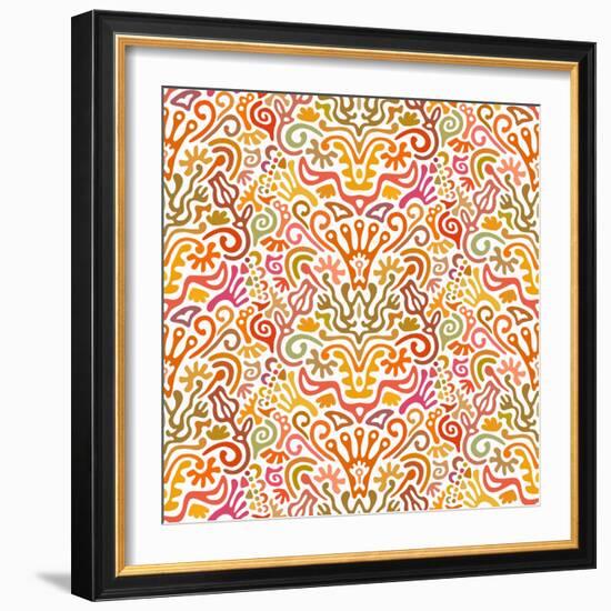 Funny Colorful Seamless Pattern with Abstract Flowers, Leaves, Hearts, Crowns, Eggs, Keys,-amovita-Framed Art Print