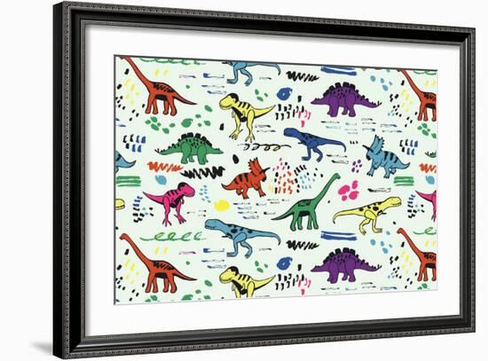 Funny Dinosaurs Graphic Color Vector Pattern-GooseFrol-Framed Premium Giclee Print