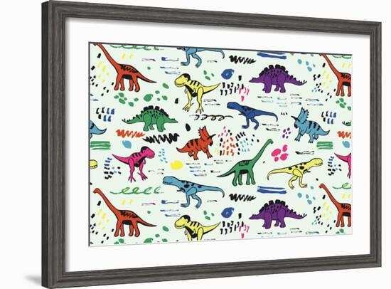 Funny Dinosaurs Graphic Color Vector Pattern-GooseFrol-Framed Premium Giclee Print