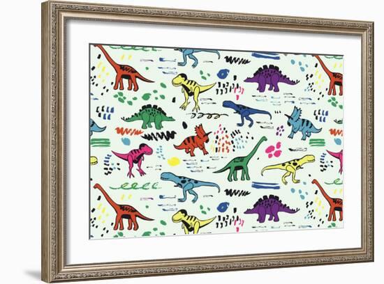 Funny Dinosaurs Graphic Color Vector Pattern-GooseFrol-Framed Premium Giclee Print