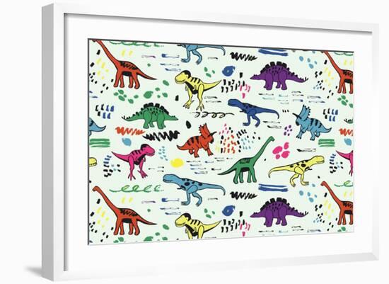 Funny Dinosaurs Graphic Color Vector Pattern-GooseFrol-Framed Premium Giclee Print