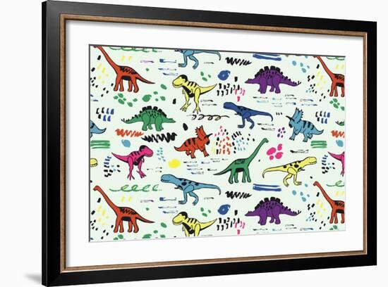 Funny Dinosaurs Graphic Color Vector Pattern-GooseFrol-Framed Premium Giclee Print