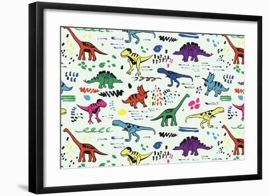 Funny Dinosaurs Graphic Color Vector Pattern-GooseFrol-Framed Premium Giclee Print