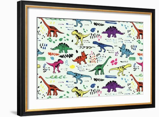 Funny Dinosaurs Graphic Color Vector Pattern-GooseFrol-Framed Premium Giclee Print