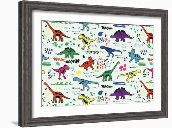 Funny Dinosaurs Graphic Color Vector Pattern-GooseFrol-Framed Art Print