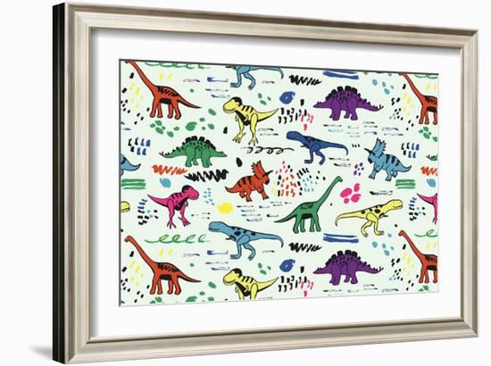 Funny Dinosaurs Graphic Color Vector Pattern-GooseFrol-Framed Art Print