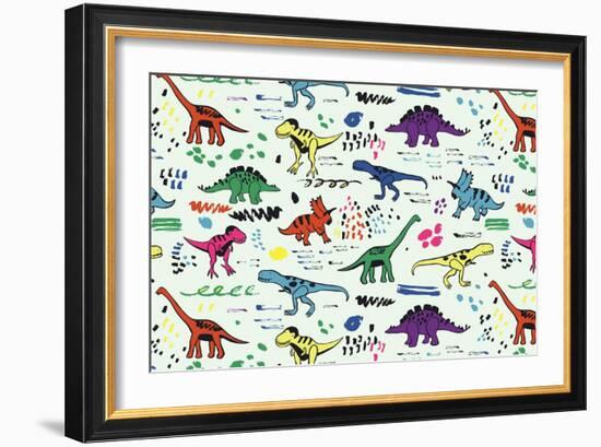 Funny Dinosaurs Graphic Color Vector Pattern-GooseFrol-Framed Art Print