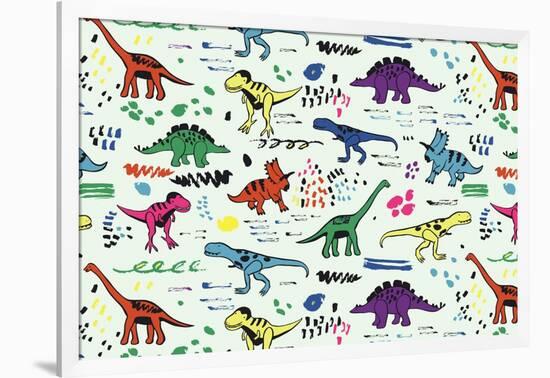 Funny Dinosaurs Graphic Color Vector Pattern-GooseFrol-Framed Art Print