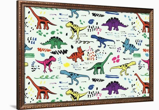 Funny Dinosaurs Graphic Color Vector Pattern-GooseFrol-Framed Art Print