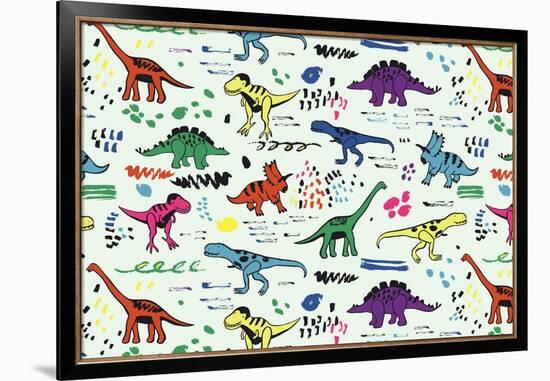 Funny Dinosaurs Graphic Color Vector Pattern-GooseFrol-Framed Art Print