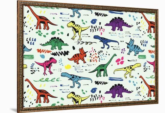 Funny Dinosaurs Graphic Color Vector Pattern-GooseFrol-Framed Art Print