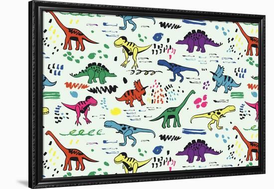 Funny Dinosaurs Graphic Color Vector Pattern-GooseFrol-Framed Art Print