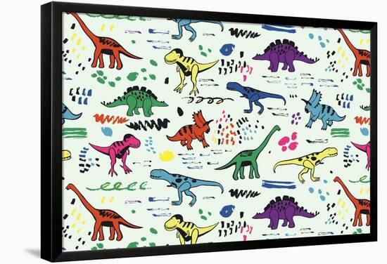 Funny Dinosaurs Graphic Color Vector Pattern-GooseFrol-Framed Premium Giclee Print