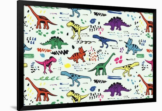 Funny Dinosaurs Graphic Color Vector Pattern-GooseFrol-Framed Premium Giclee Print