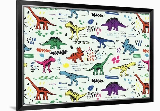 Funny Dinosaurs Graphic Color Vector Pattern-GooseFrol-Framed Premium Giclee Print