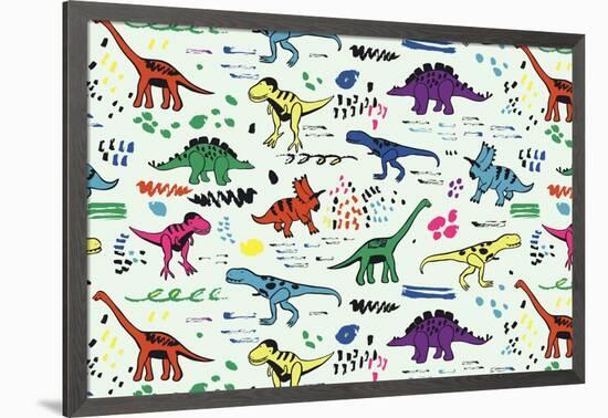 Funny Dinosaurs Graphic Color Vector Pattern-GooseFrol-Framed Premium Giclee Print