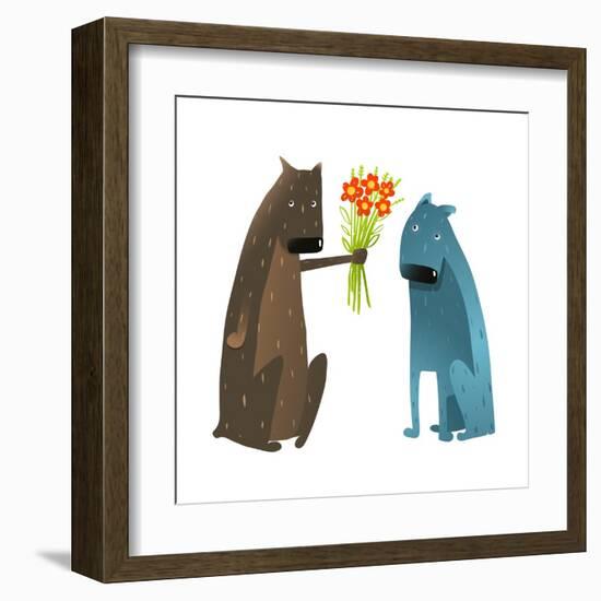 Funny Dog in Love Presenting Flowers to Friend. Dog Giving a Present to a Friend Colorful Cartoon I-Popmarleo-Framed Art Print