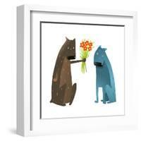 Funny Dog in Love Presenting Flowers to Friend. Dog Giving a Present to a Friend Colorful Cartoon I-Popmarleo-Framed Art Print
