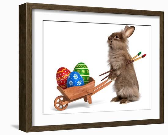 Funny Easter Bunny Rabbit With A Wheelbarrow And Some Easter Eggs-mdorottya-Framed Photographic Print