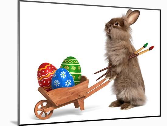 Funny Easter Bunny Rabbit With A Wheelbarrow And Some Easter Eggs-mdorottya-Mounted Photographic Print