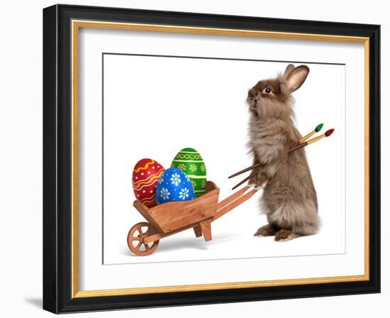 Funny Easter Bunny Rabbit With A Wheelbarrow And Some Easter Eggs-mdorottya-Framed Photographic Print