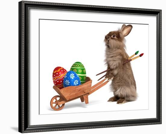 Funny Easter Bunny Rabbit With A Wheelbarrow And Some Easter Eggs-mdorottya-Framed Photographic Print