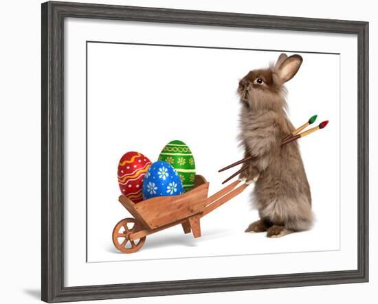 Funny Easter Bunny Rabbit With A Wheelbarrow And Some Easter Eggs-mdorottya-Framed Photographic Print