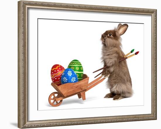 Funny Easter Bunny Rabbit With A Wheelbarrow And Some Easter Eggs-mdorottya-Framed Photographic Print